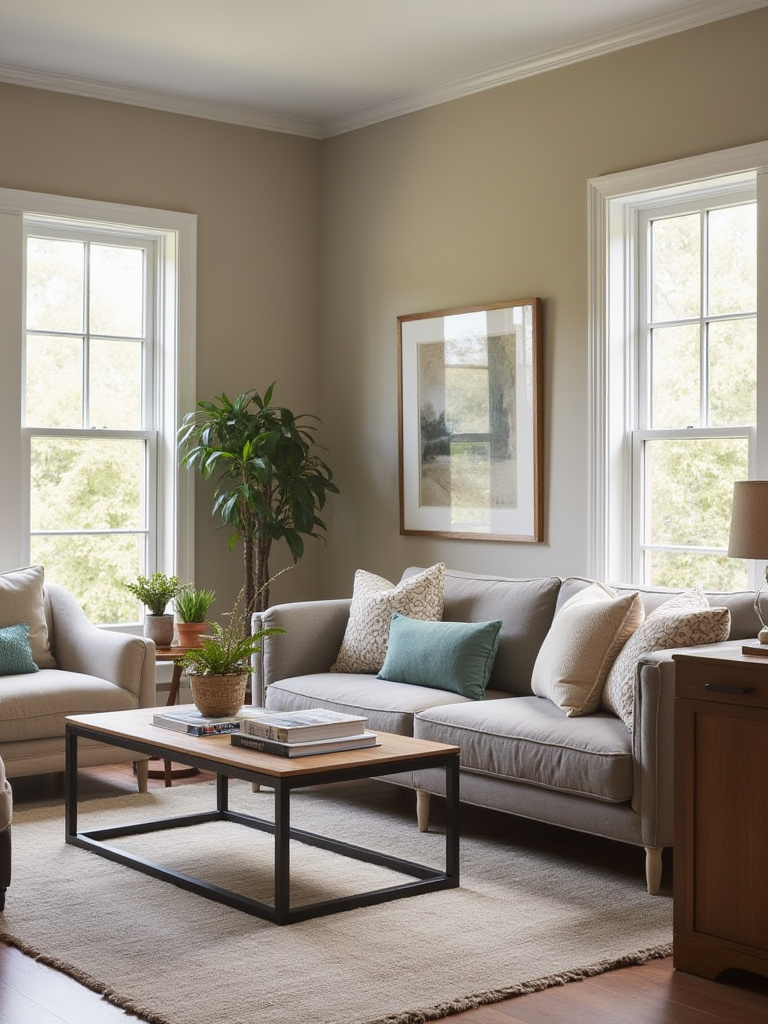 Living room with greige walls, modern and traditional furniture, natural light
