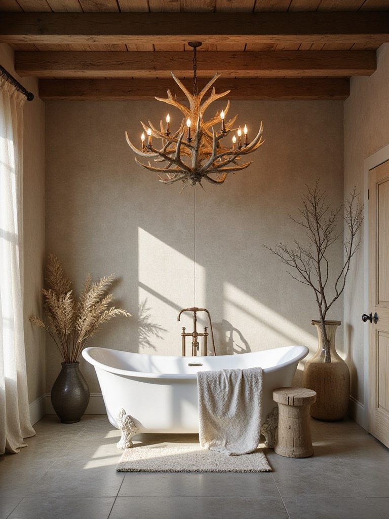 Rustic bathroom with antler chandelier and natural decor elements
