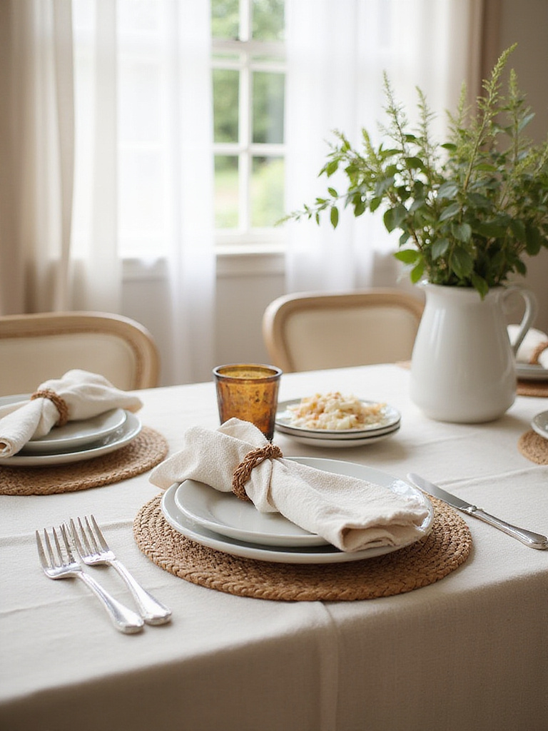 Farmhouse dining table adorned with cozy linens and natural textiles