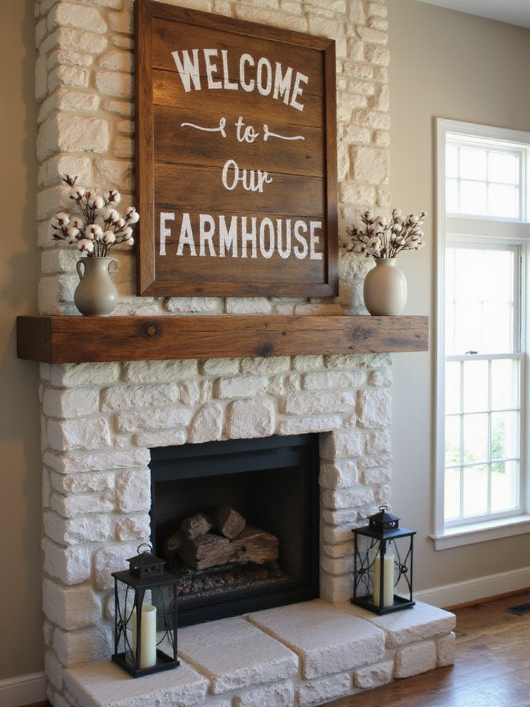 Cozy living room with rustic farmhouse sign above fireplace