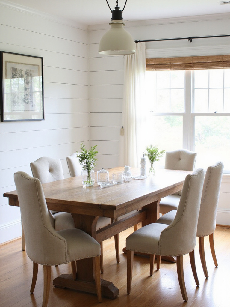 Farmhouse dining room featuring a warm color palette and natural textures.