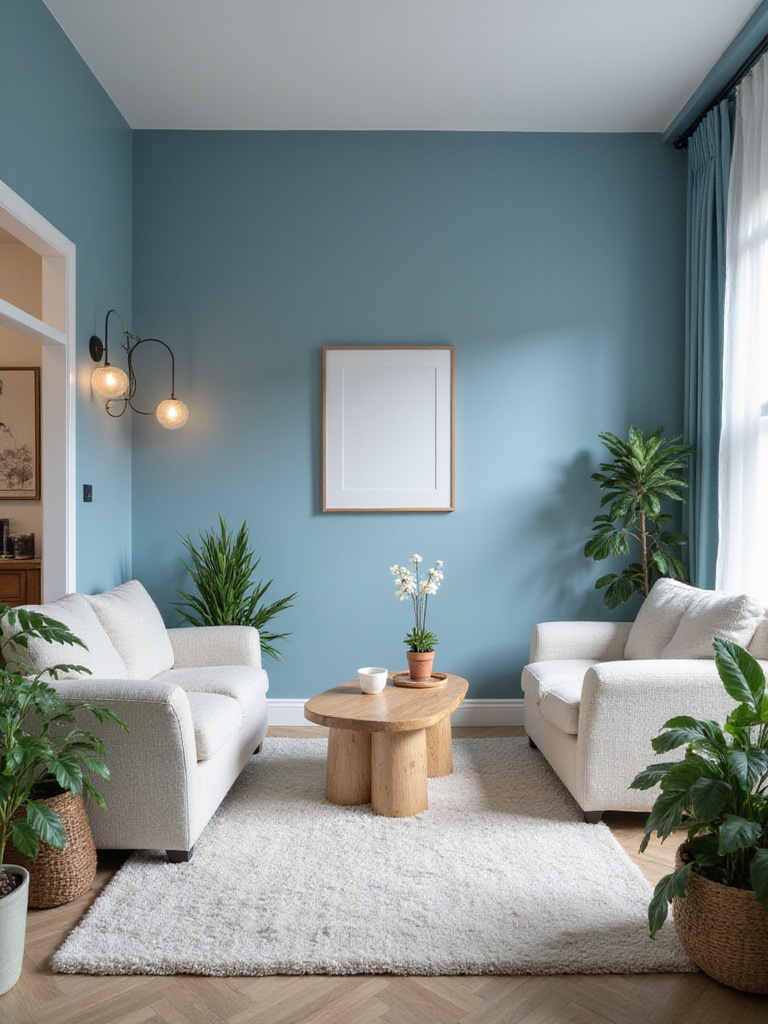 A tranquil living room painted in calming cool blue tones, featuring plush furniture and warm lighting.