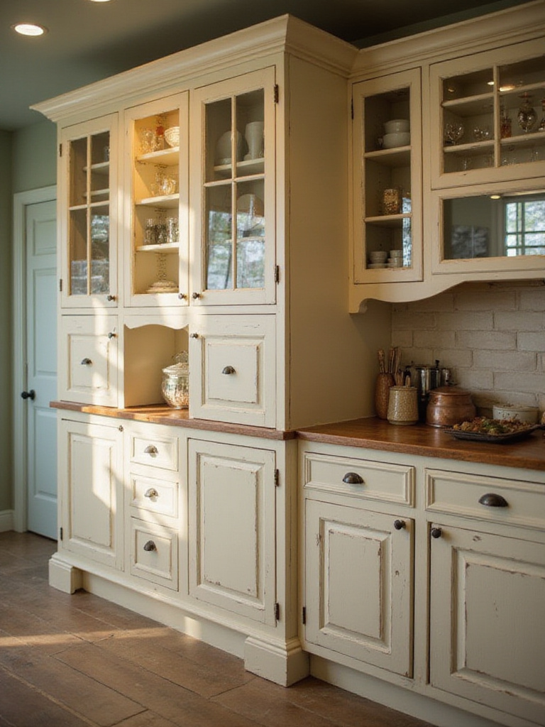 Vintage kitchen with distressed cabinetry and milk paint finishes showcasing authenticity