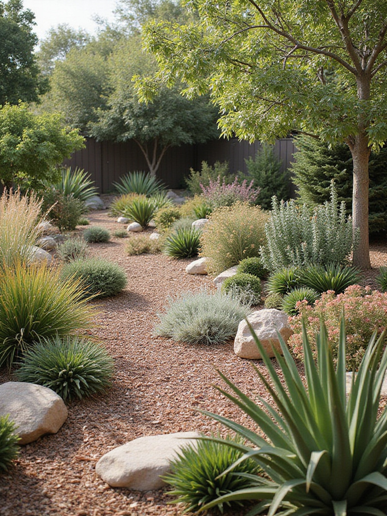 A scenic view of a backyard featuring diverse drought-tolerant plants and xeriscaping elements in natural lighting.