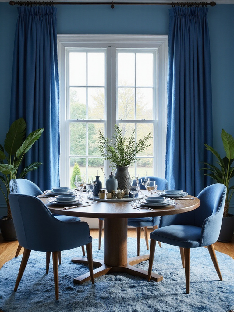 Cozy blue dining room with soft textiles including a plush rug and elegant drapes
