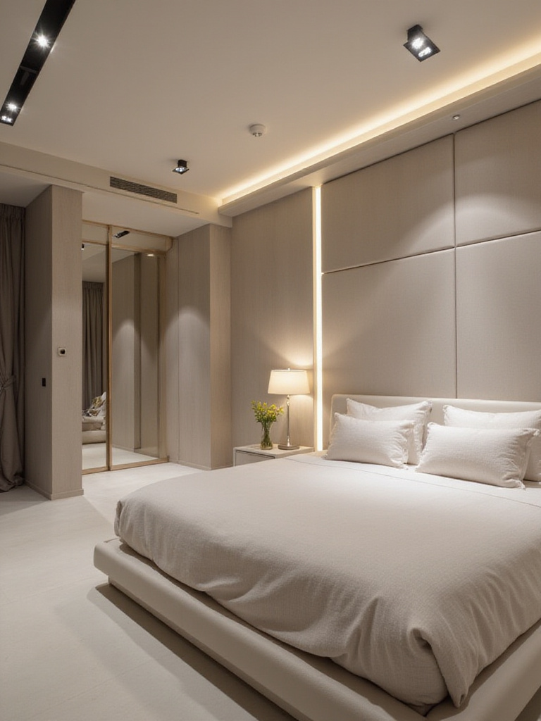 Luxury bedroom with minimalist design and soft, recessed lighting