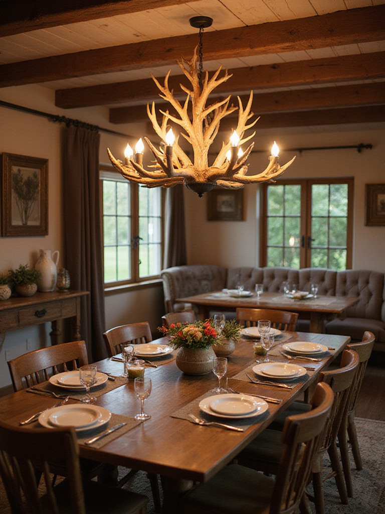 Rustic dining room with antler-inspired chandelier
