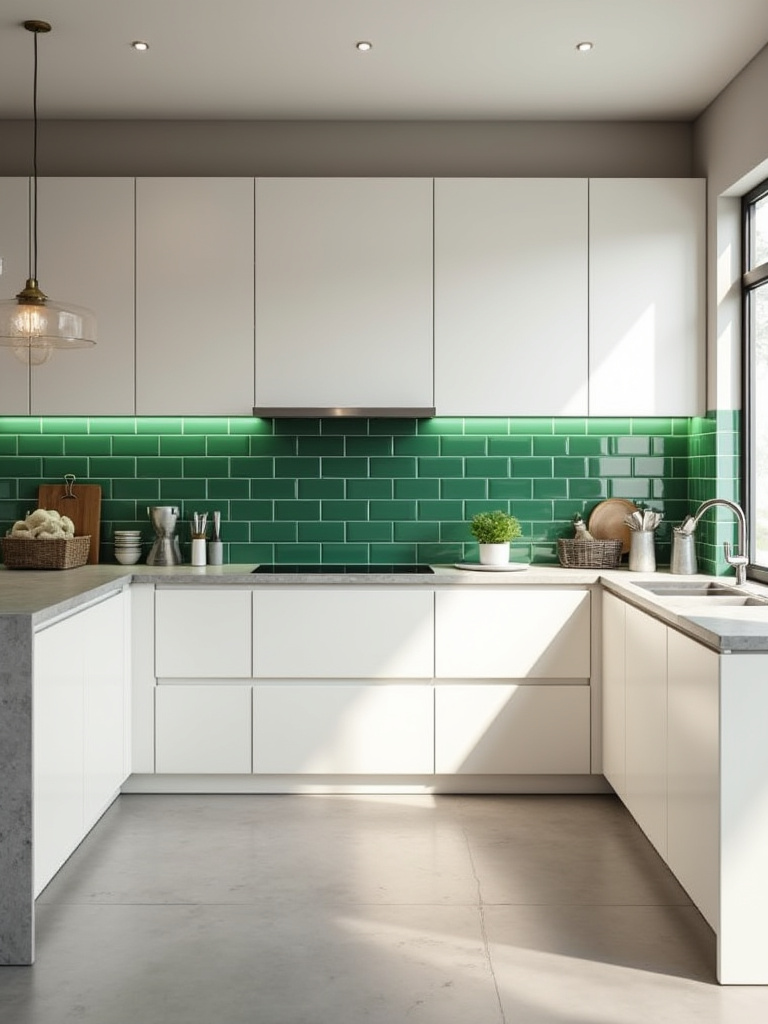 Contemporary kitchen with neutral color palette and emerald green accents