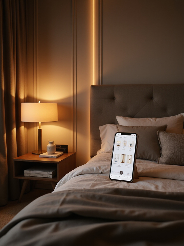 A modern luxury bedroom showcasing smart controls for lighting.