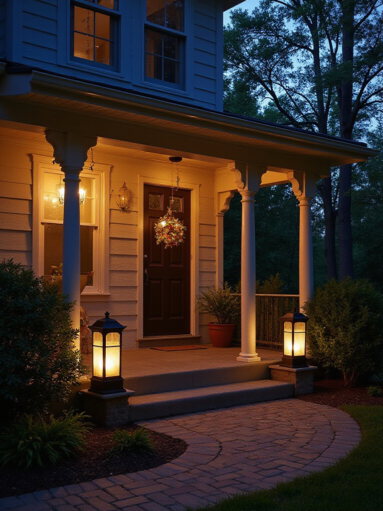 A beautifully lit front porch with solar-powered lanterns creating a warm atmosphere at dusk.