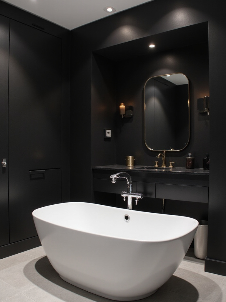 Luxurious black and white bathroom with a freestanding tub and matte black feature wall