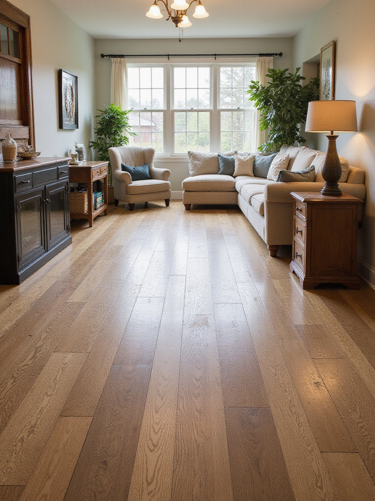 Cozy farmhouse living room with wide-plank hardwood flooring
