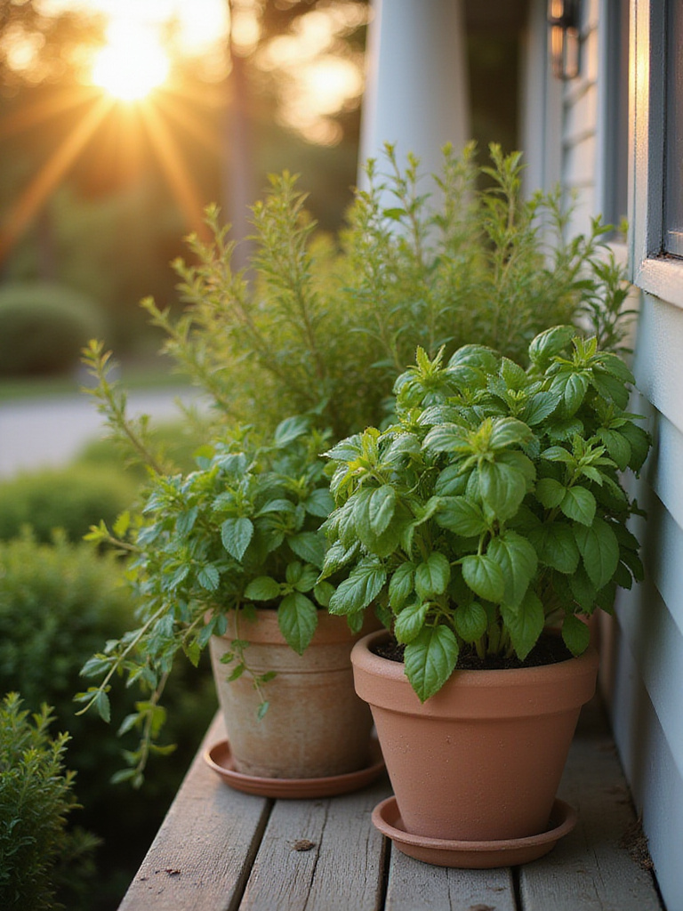 A small herb garden on a porch with vibrant green herbs in decorative containers.