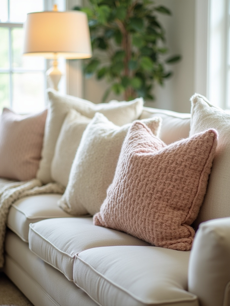 Cozy cottage living room with plush throw pillows arranged on a sofa