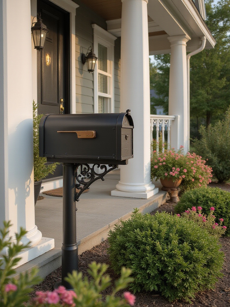 A stylish mailbox on a front porch, beautifully integrated with the surrounding decor.