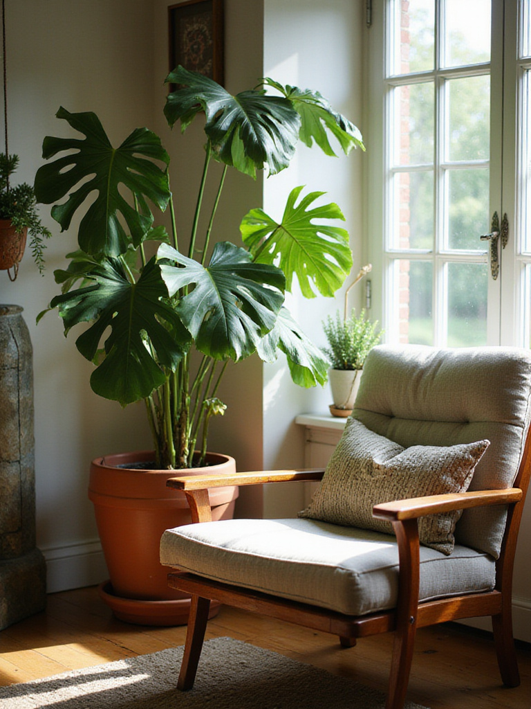 Cozy cottage living room with botanical elements and a Monstera plant.