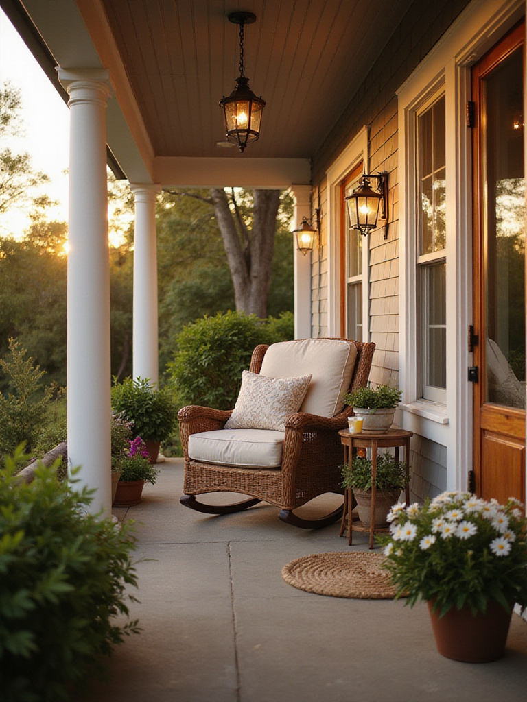 Comfortable seating on a front porch with a rocking chair and potted plants