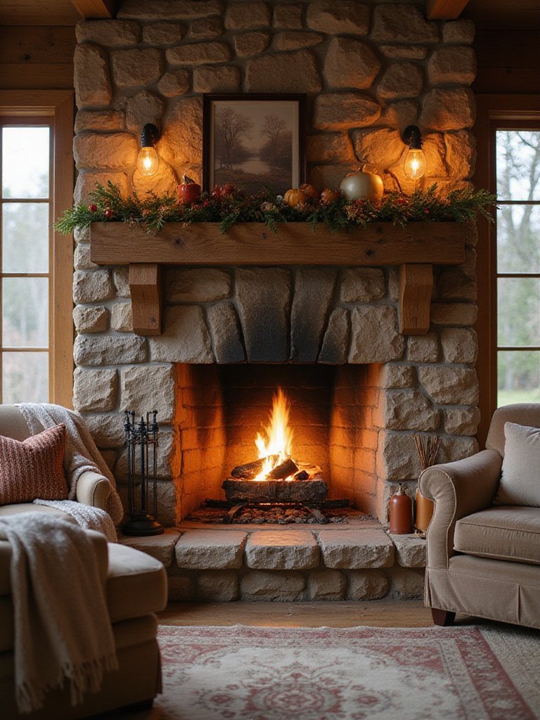 Cozy cottage living room with a charming fireplace and warm lighting.