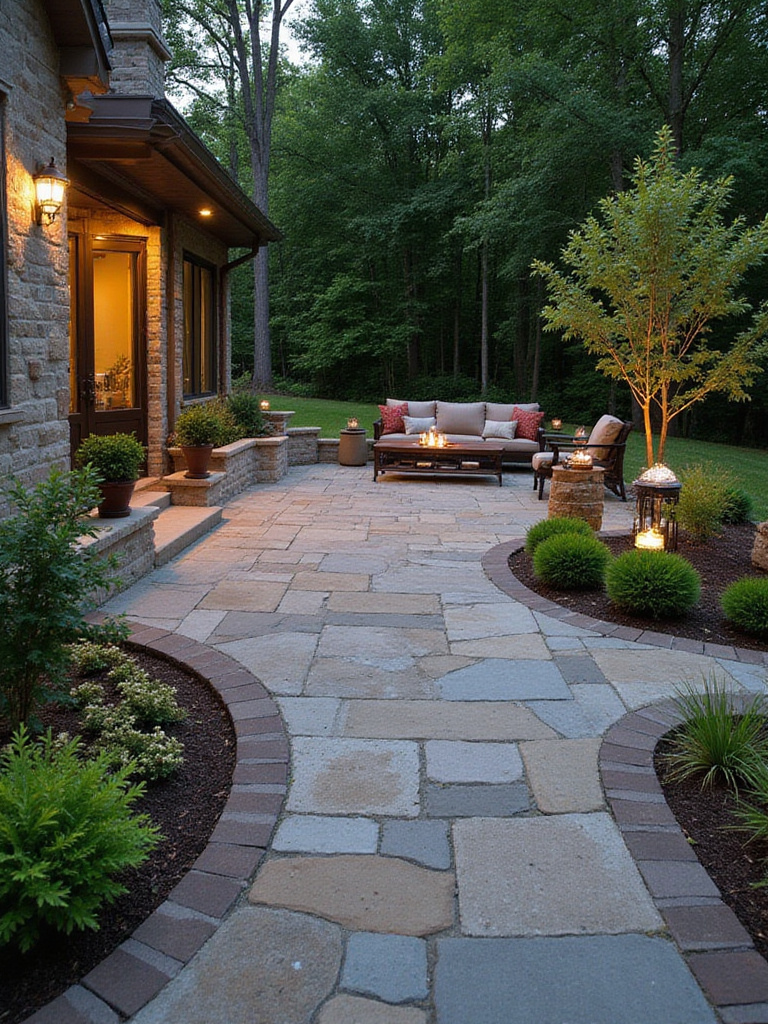 A picturesque patio design with stone pavers and lush landscaping, showcasing an inviting outdoor space.
