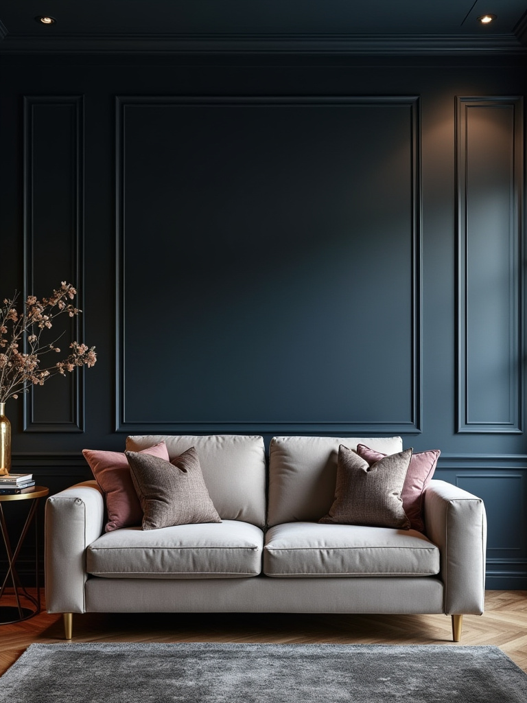 Sophisticated living room with dark hues and elegant decor