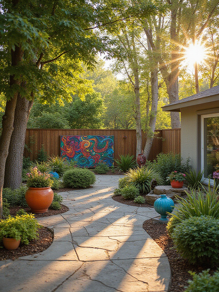 Beautifully landscaped backyard featuring vibrant outdoor art and decor with sculptures and wall art.