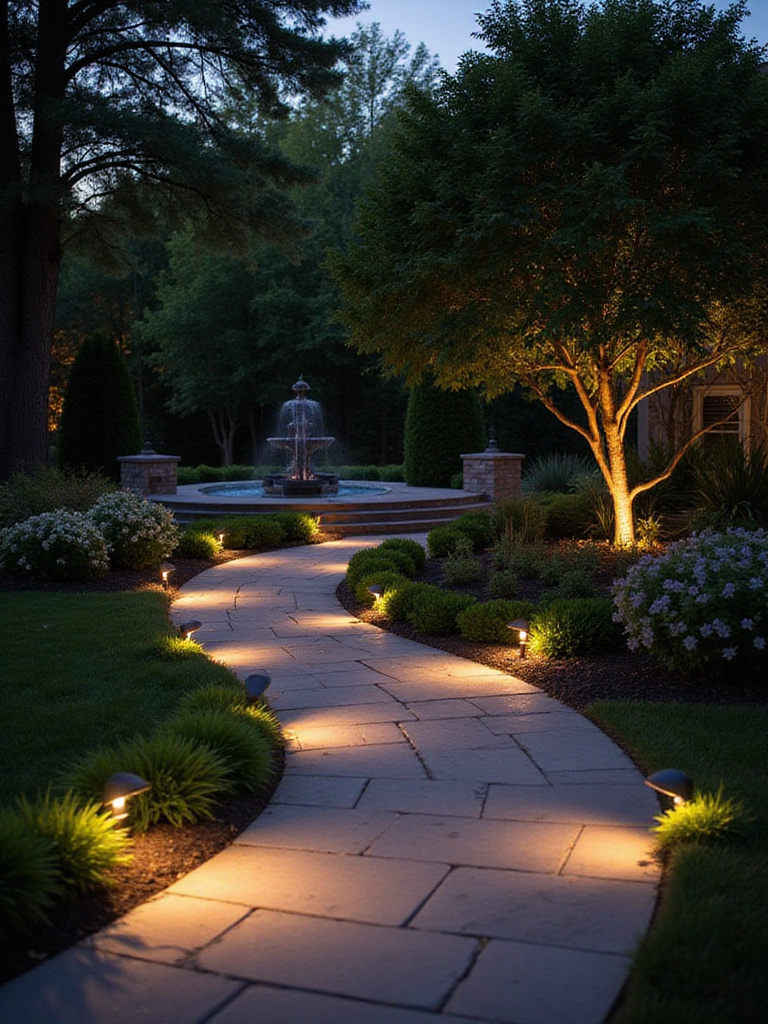 A well-lit backyard pathway with low-profile lights illuminating the path surrounded by lush greenery.