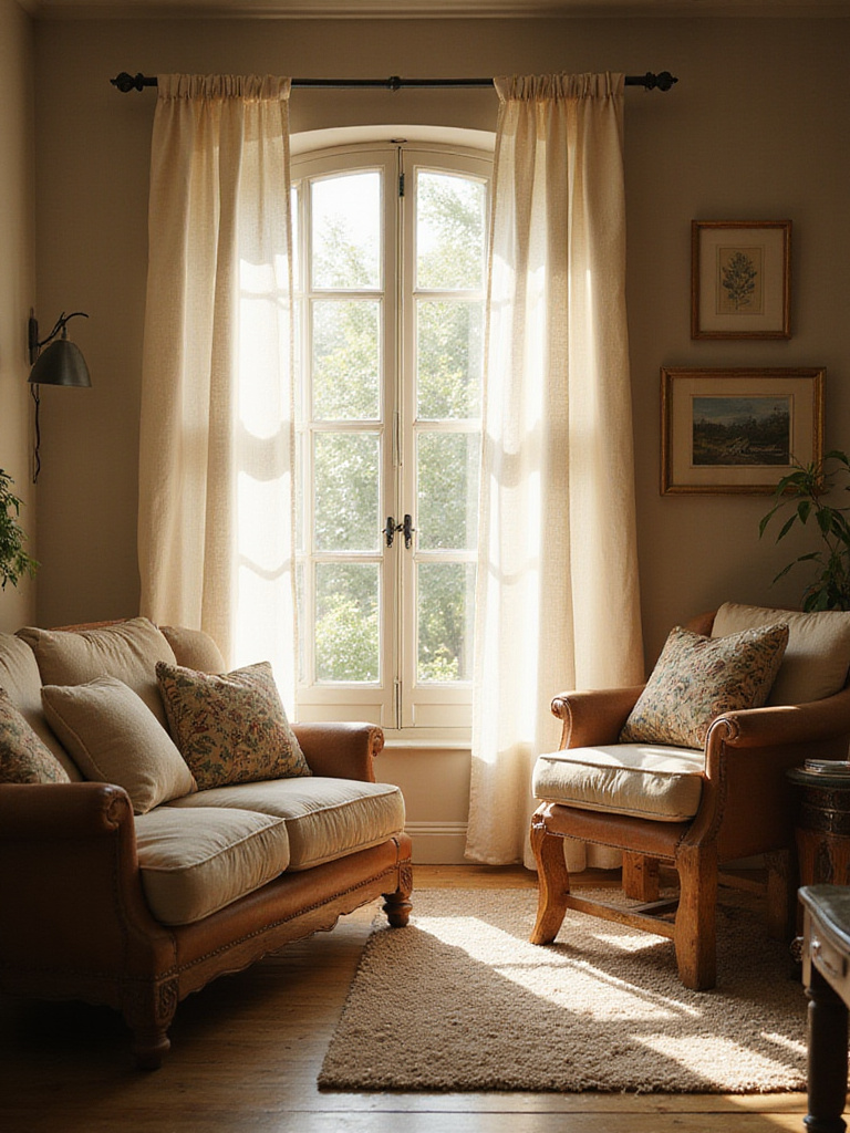 Cozy cottage living room with soft light filtering through sheer linen curtains.