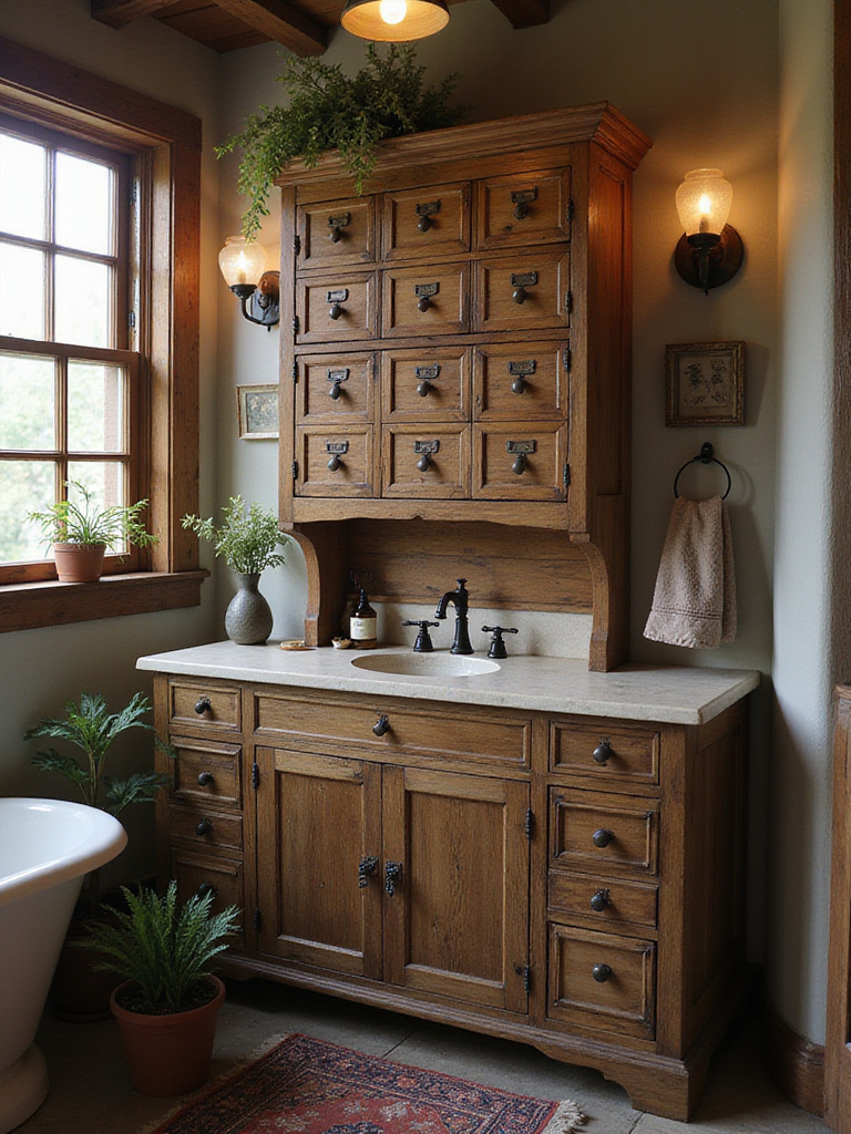 Vintage apothecary cabinet in a rustic bathroom setting, showcasing its unique storage capabilities.