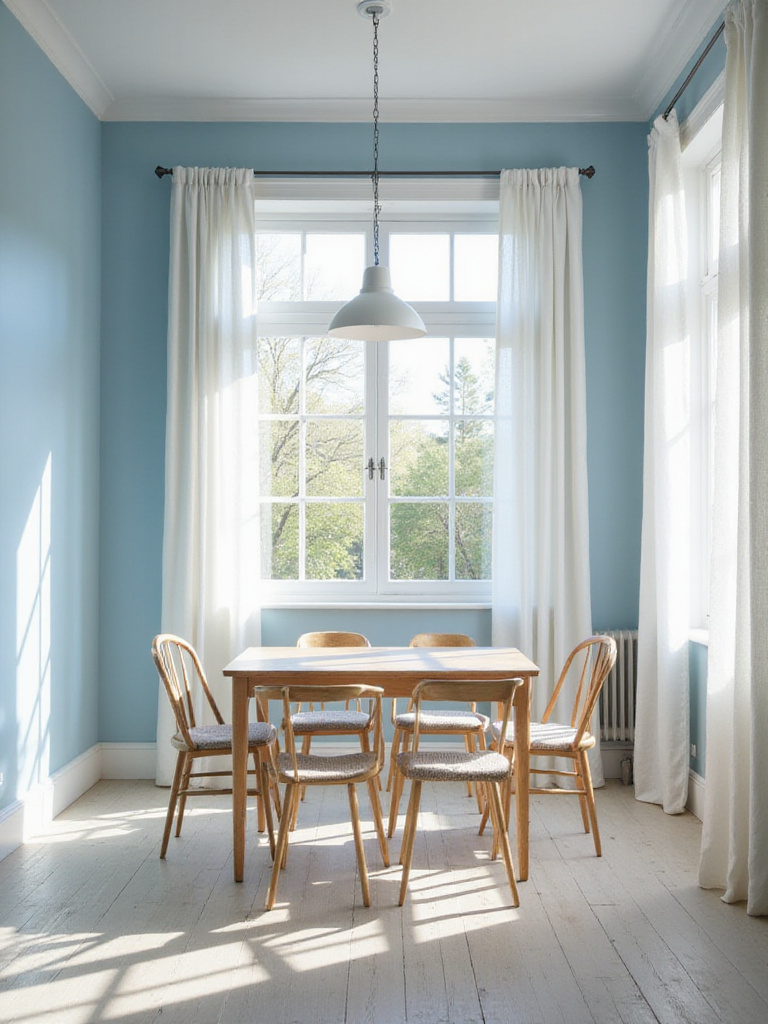 A bright blue dining room with natural light highlighting the decor.