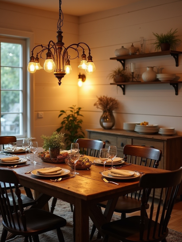 Warm, dimmable lighting in a farmhouse dining room