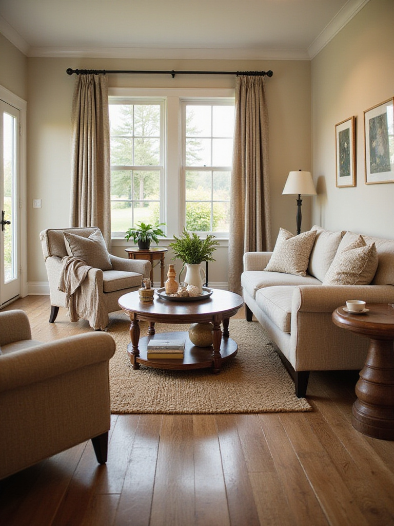 Cozy cottage living room with intimate seating arrangement for conversation flow