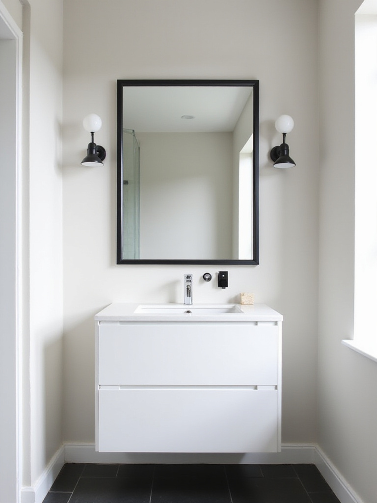 Chic black-framed mirror above a white vanity in a modern bathroom setting.