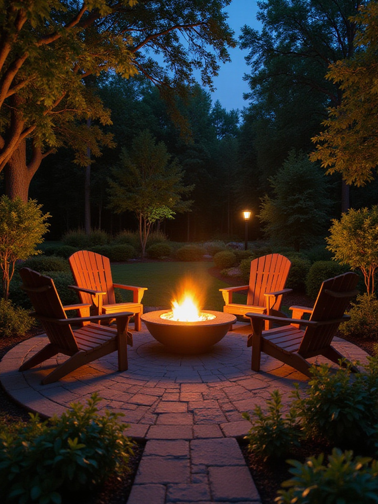 Cozy fire pit in a beautifully designed backyard during evening with warm lighting