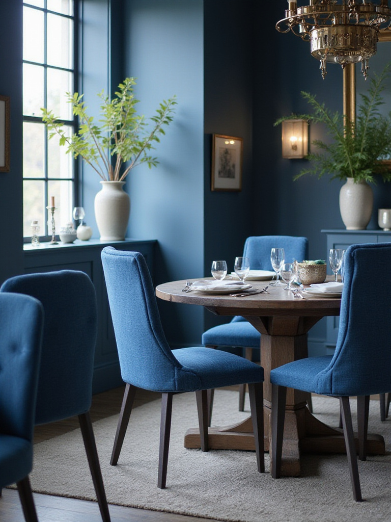 A beautifully styled blue dining room featuring various upholstery fabrics
