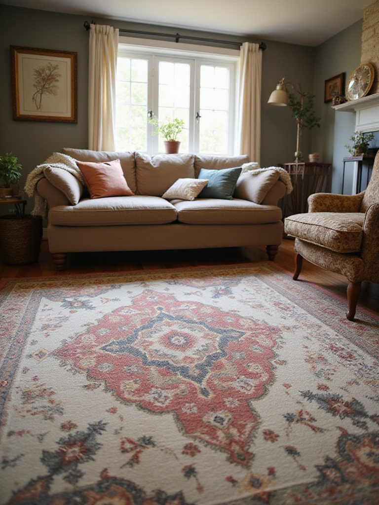 Cozy cottage living room with a vintage area rug anchoring the space