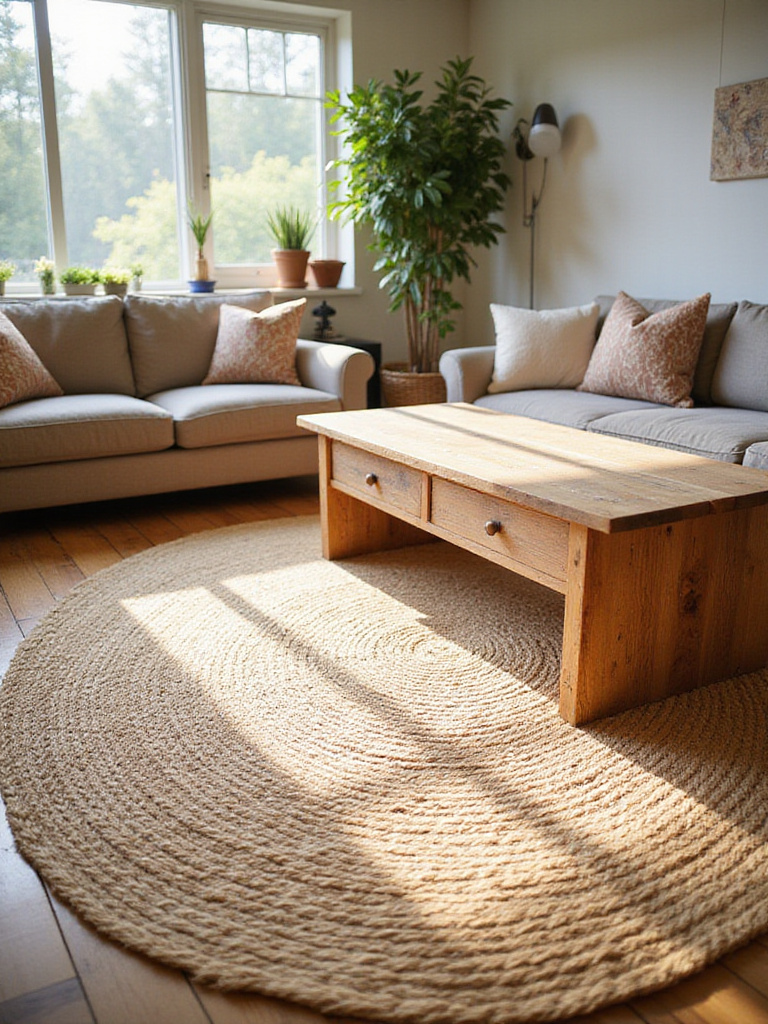 Cozy farmhouse living room with a jute area rug under a wooden coffee table and sofas.