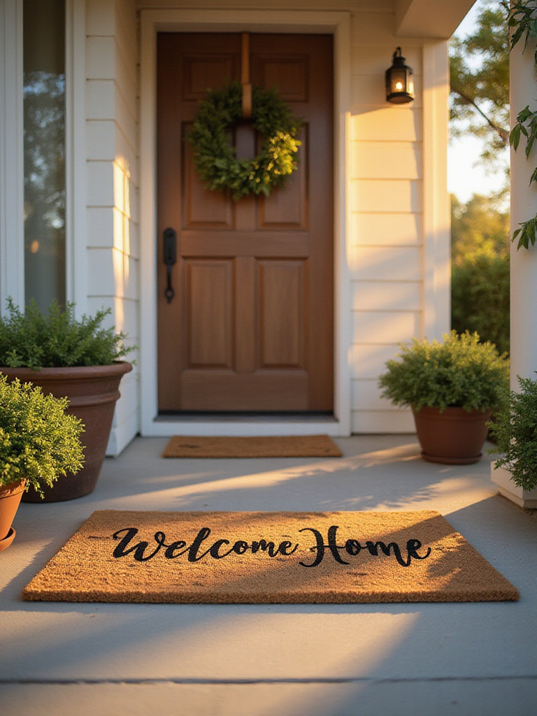 A welcoming doormat on a front porch with potted plants and a decorative door wreath.