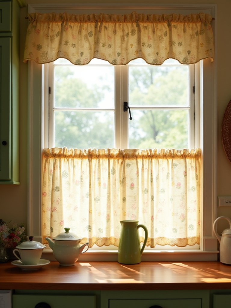 Vintage kitchen with cafe curtains and scalloped valances