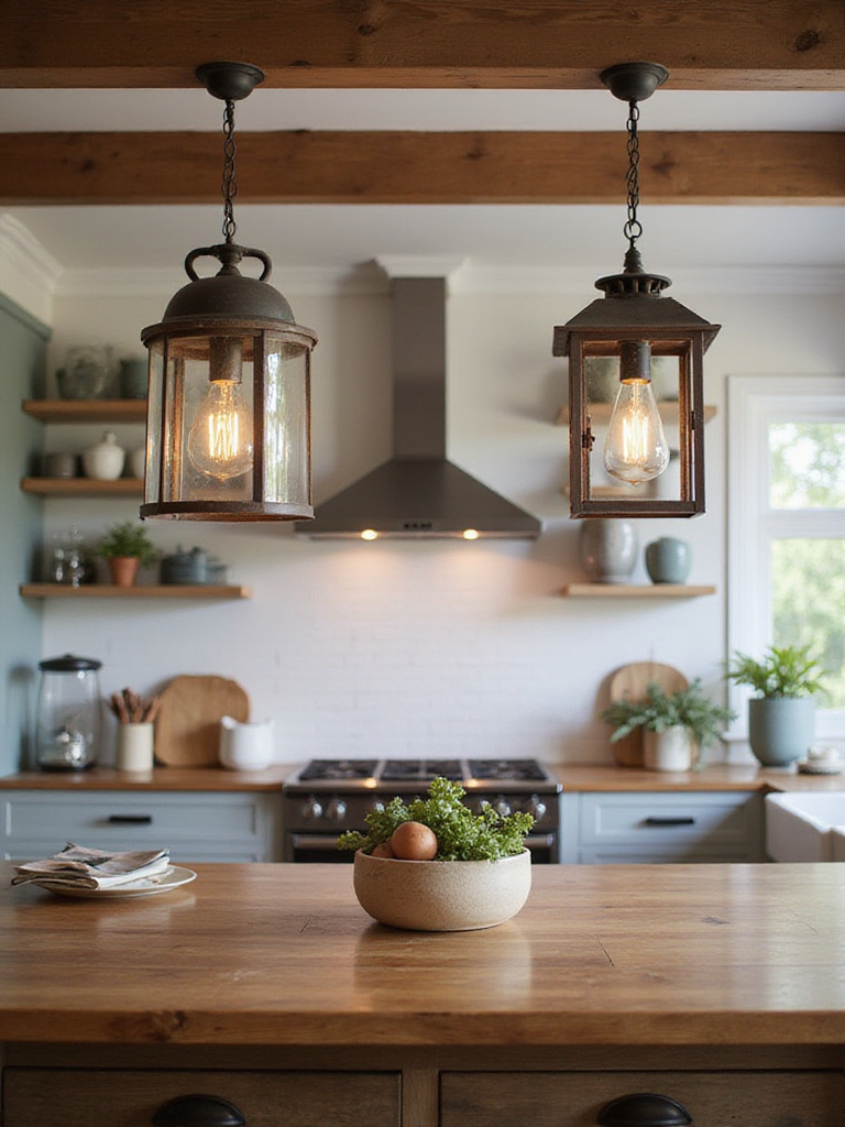 Farmhouse kitchen with industrial and lantern pendant lights creating a warm ambiance.