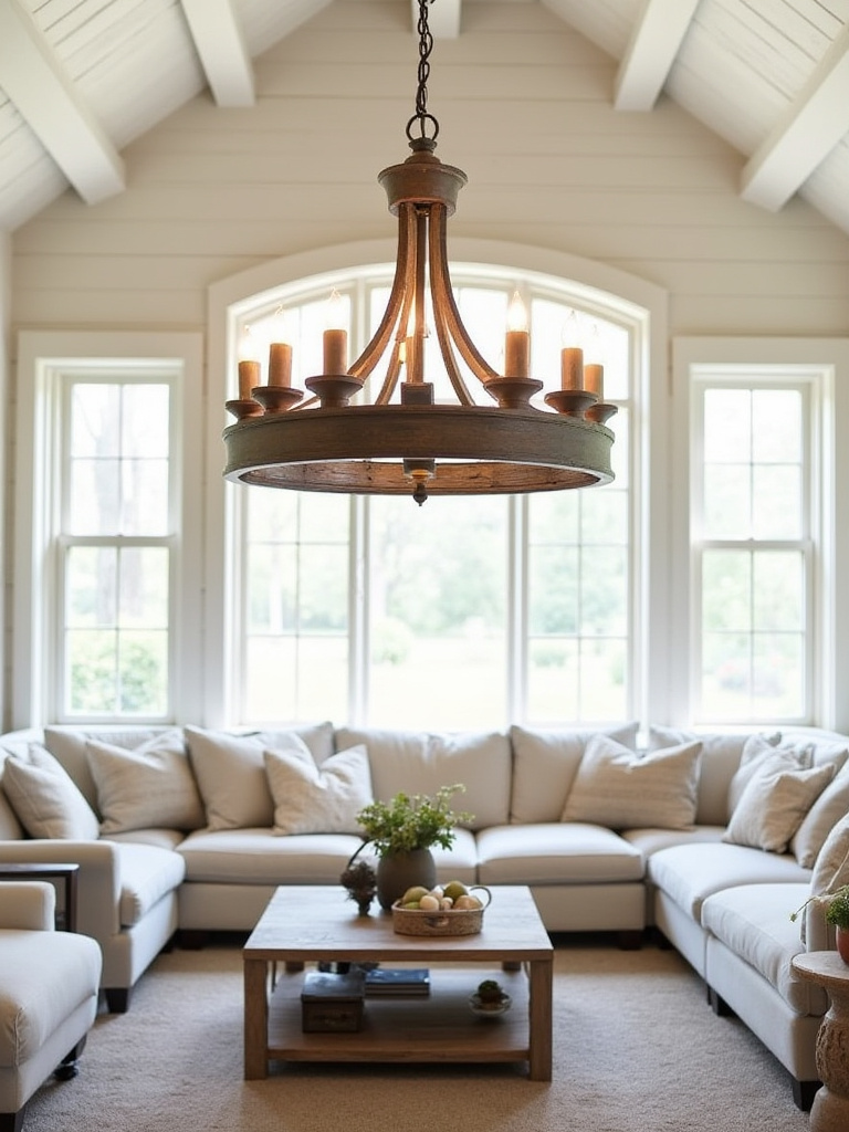 Farmhouse living room with a statement chandelier casting warm light