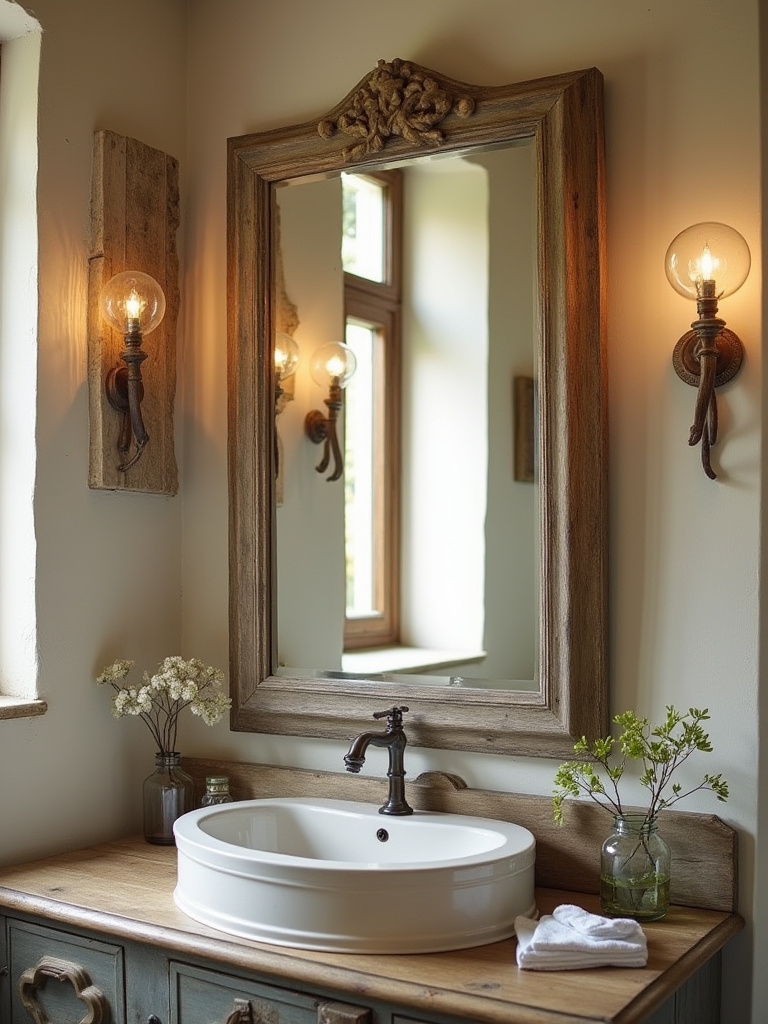 Distressed wood framed mirror in a rustic bathroom reflecting warm light from a window