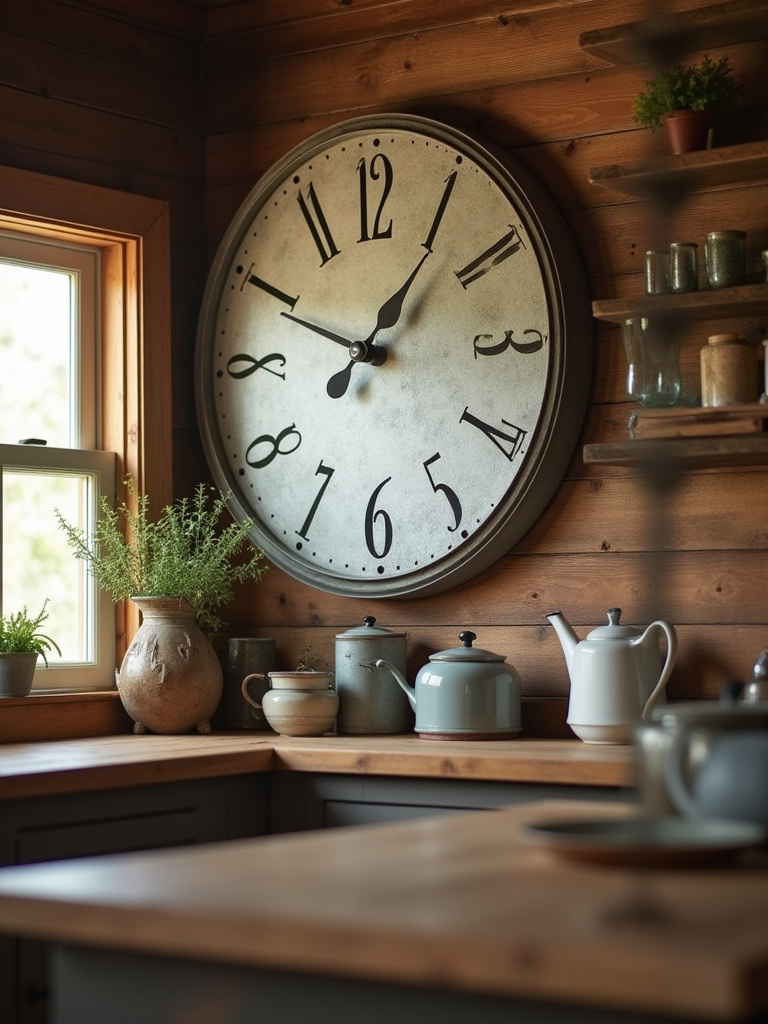 Oversized galvanized wall clock in a farmhouse kitchen setting