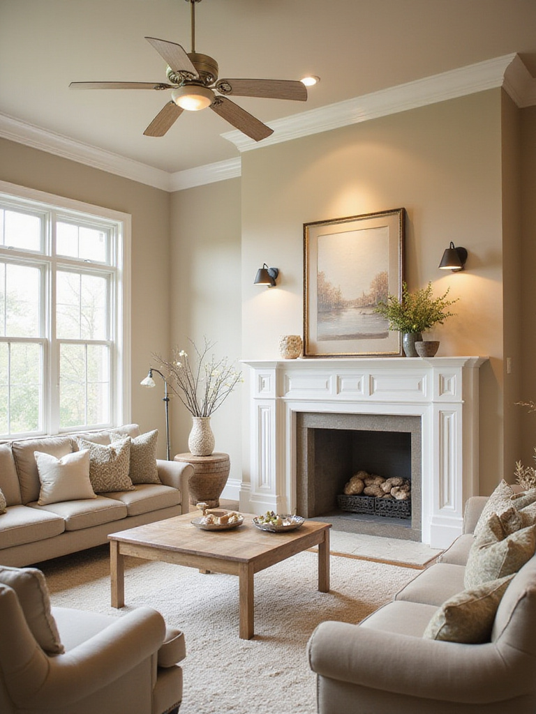 Elegant living room with harmonized trim and ceiling colors matching the walls.