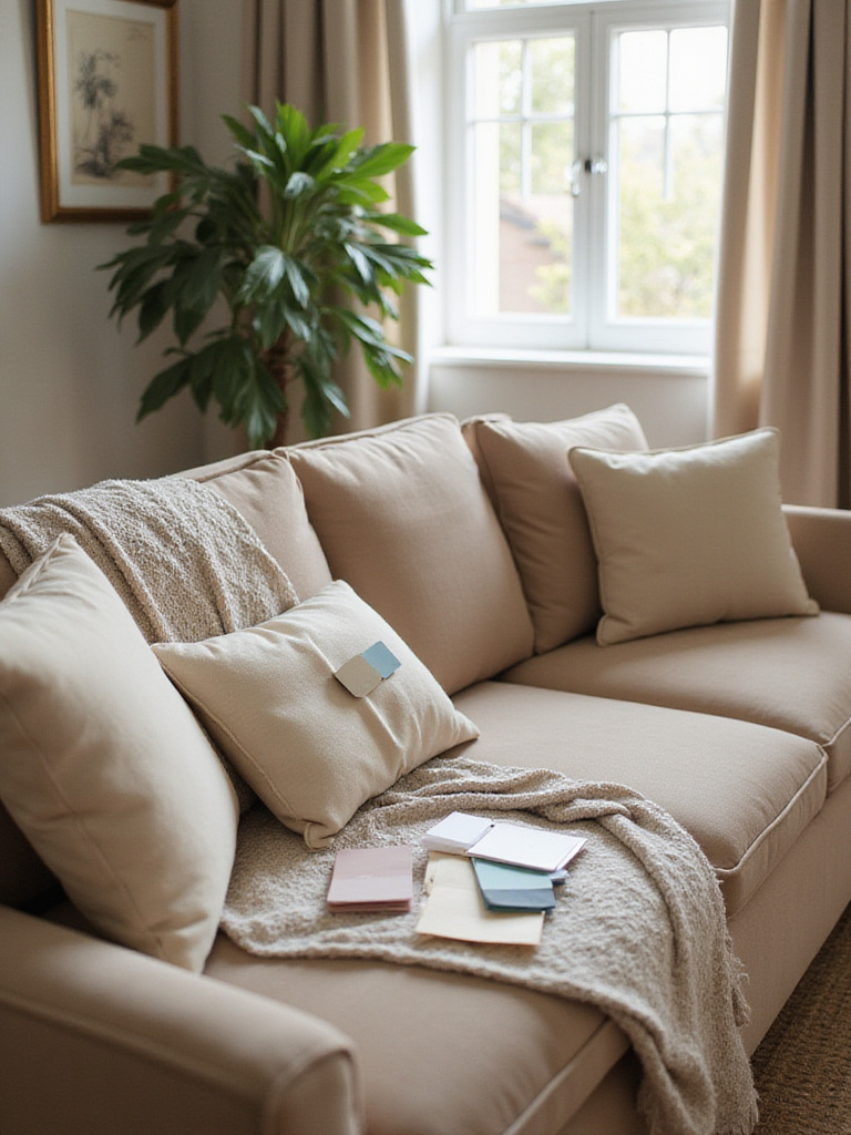 Living room paint swatches against elegant furniture showcasing color undertones.