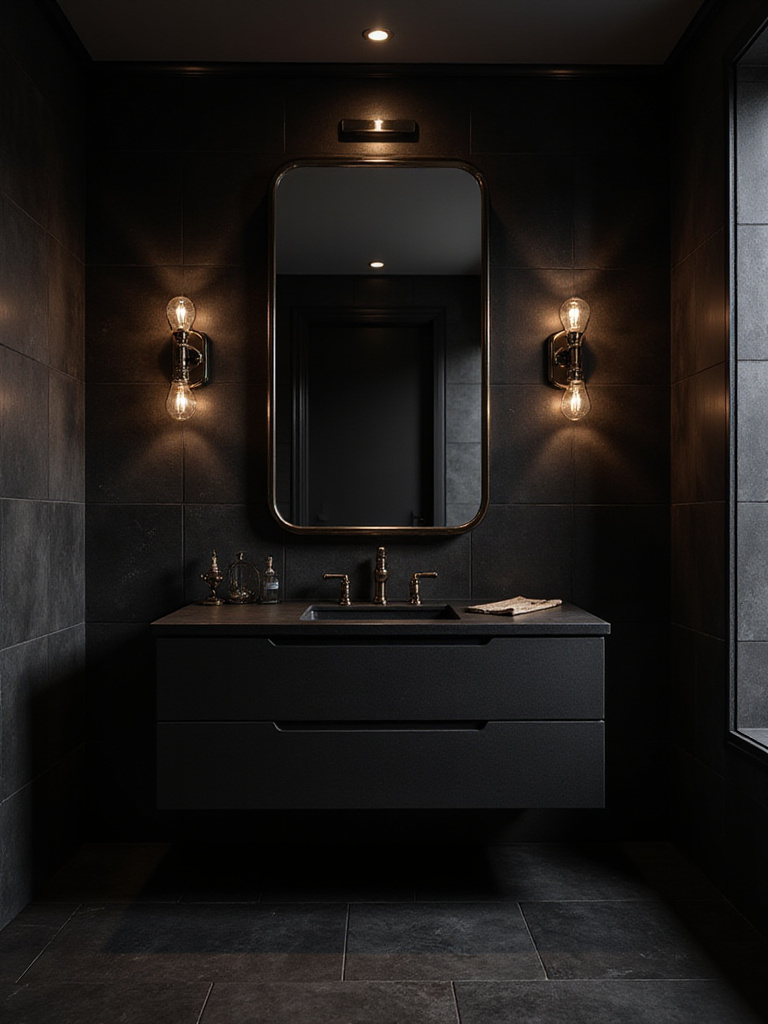 Luxurious black bathroom with elegant lighting fixtures highlighting the modern design