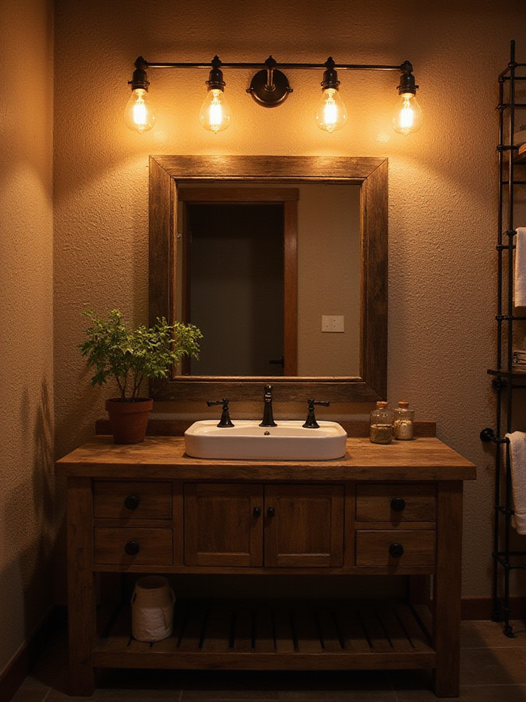 Rustic bathroom with Edison bulb vanity lights creating warm ambiance.