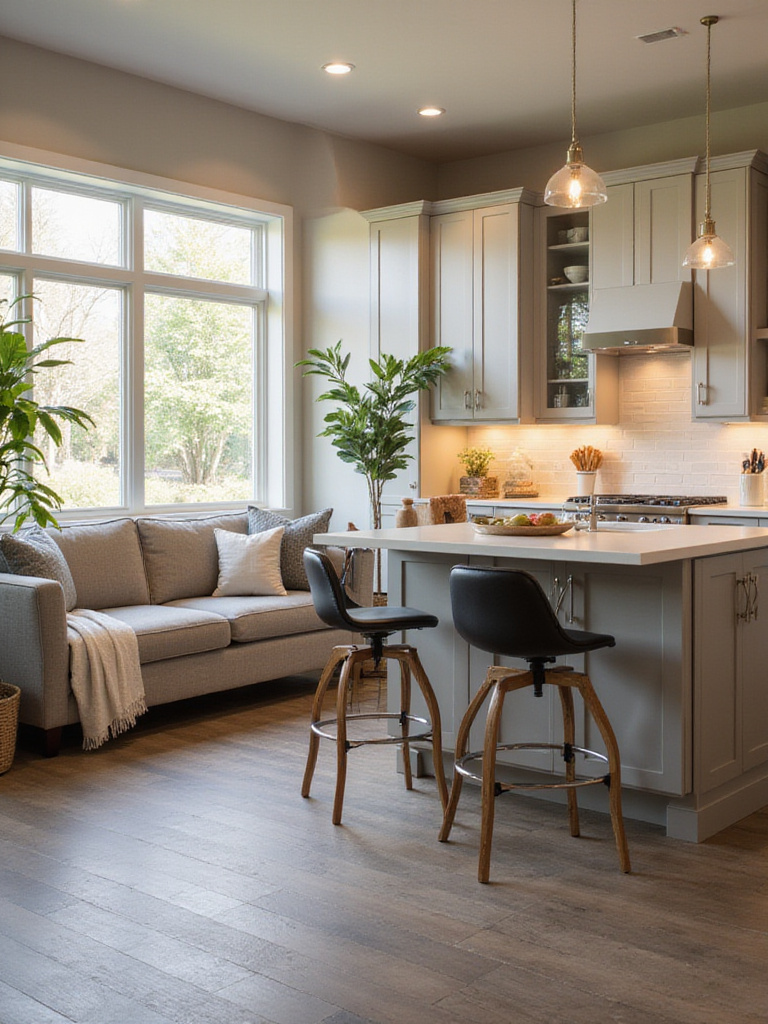 Professional photo of a contemporary kitchen with stylish seating solutions including bar stools and a cozy banquette.