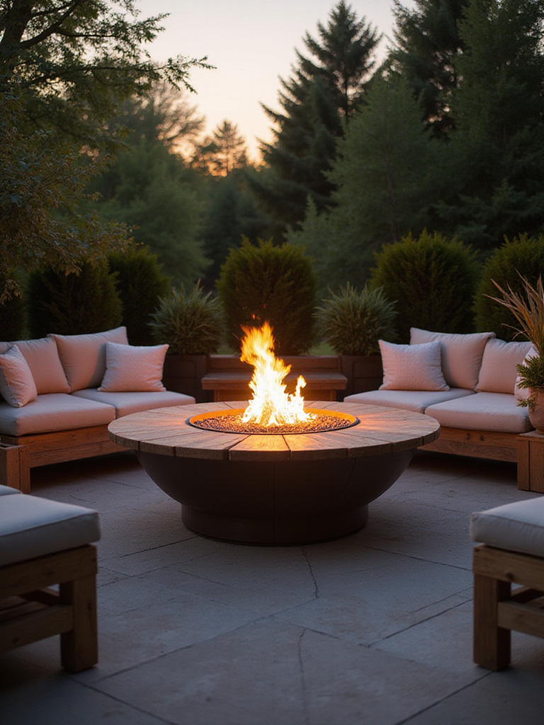 Cozy outdoor patio with a fire pit surrounded by comfortable seating.