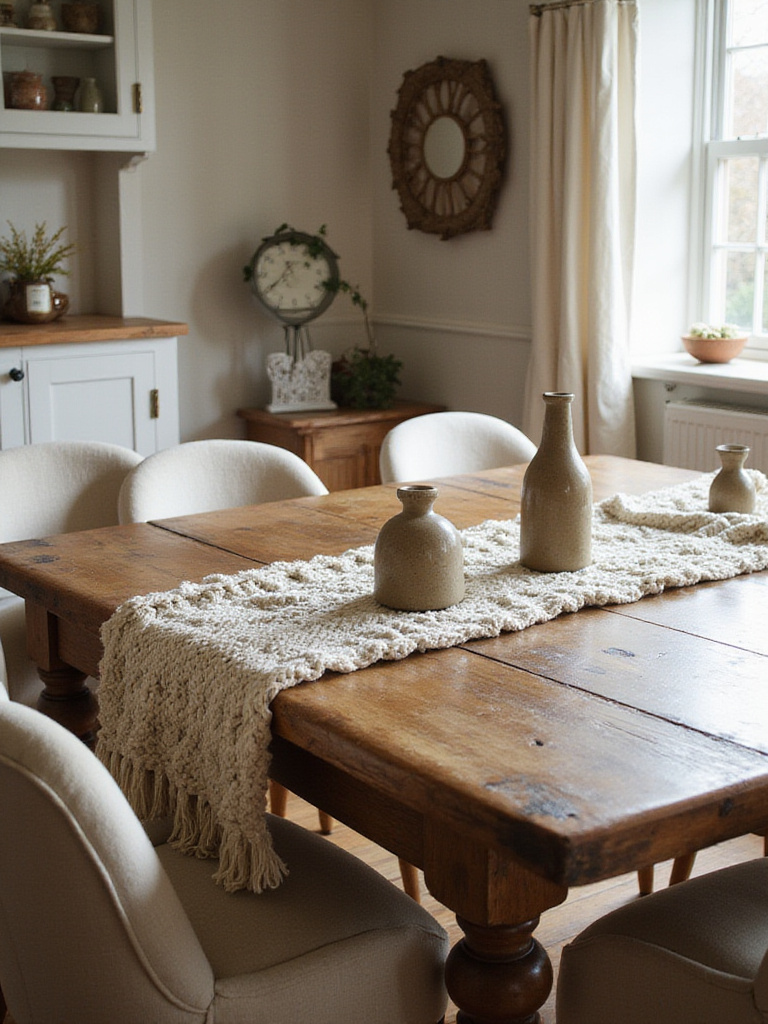 Farmhouse dining room with mixed textures, featuring reclaimed wood table and linen chairs.