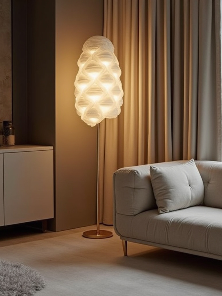 Modern luxury bedroom with sculptural floor lamp beside reading chair, warm focused light.
